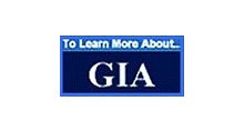 Logo with text 'To Learn More About GIA' in white on blue background.