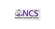 Logo of Numismatic Conservation Services featuring scales and purple text.