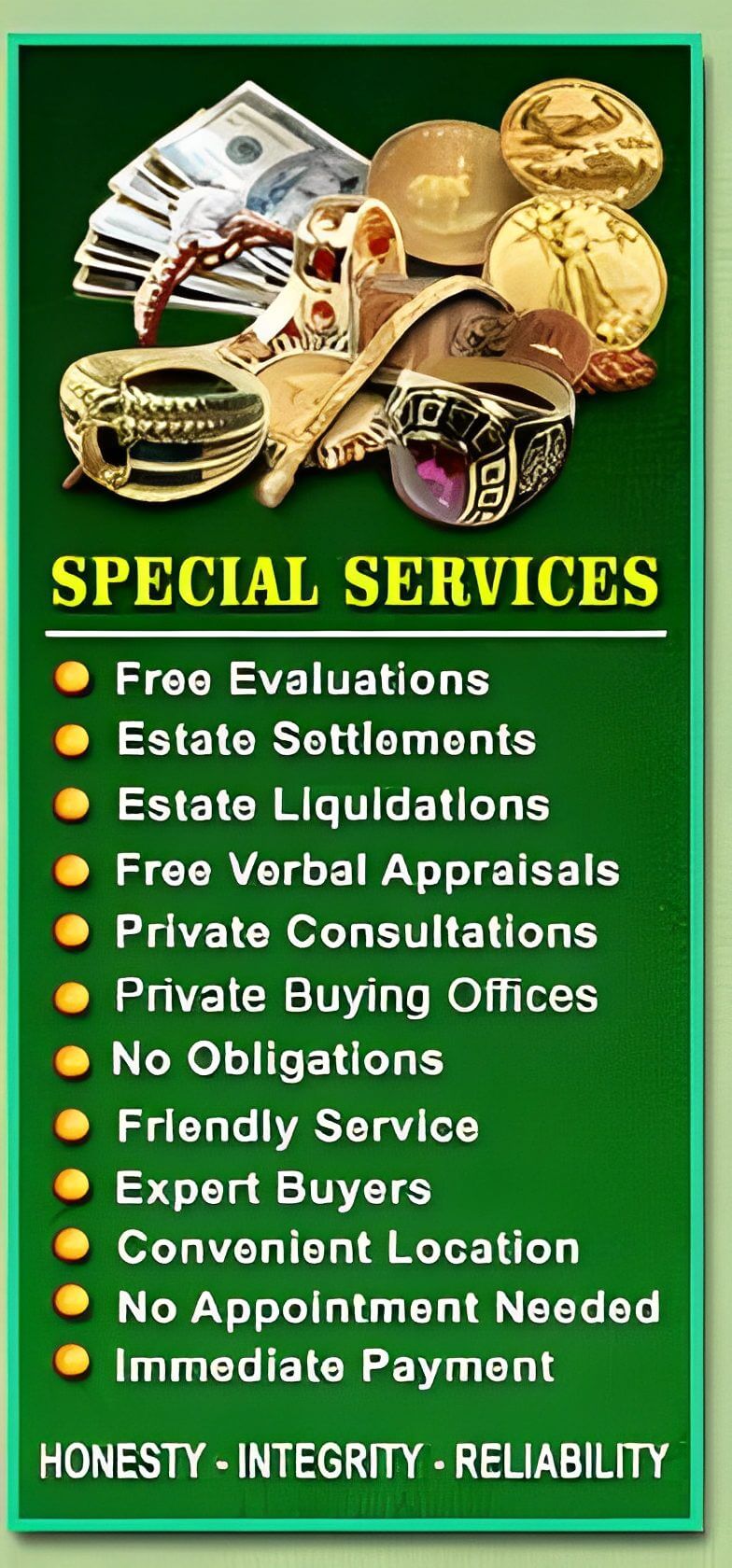 List of special services including free evaluations and estate settlements.