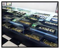 Display cases filled with various pastries and baked goods in a bakery.