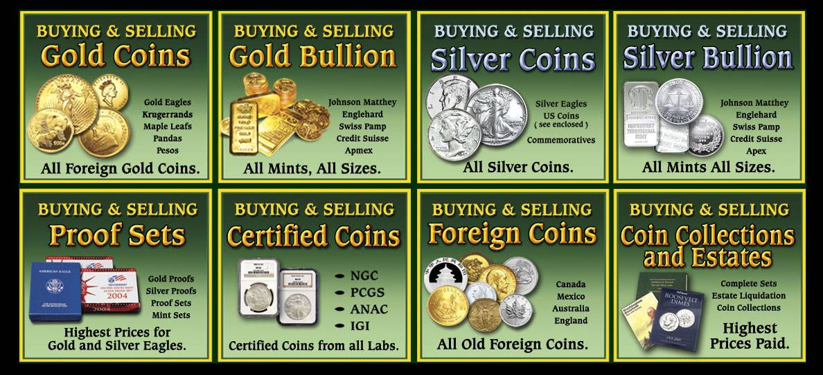 Promotional banners for buying and selling gold, silver, and certified coins.