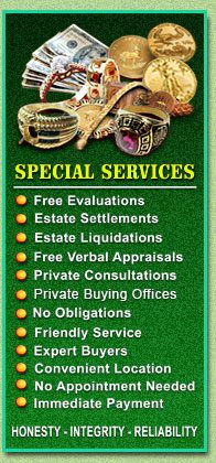 List of special services offered including free evaluations and estate settlements.