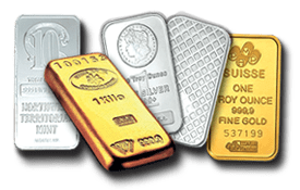 Various gold and silver bullion bars with distinct designs and markings.