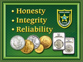 Coins and medals with values of honesty, integrity, and reliability.