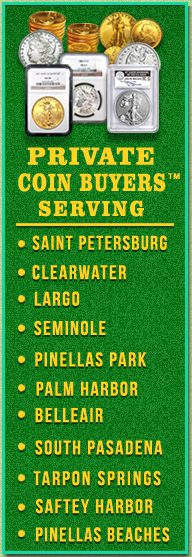 Sign listing cities served by coin buyers in Florida.