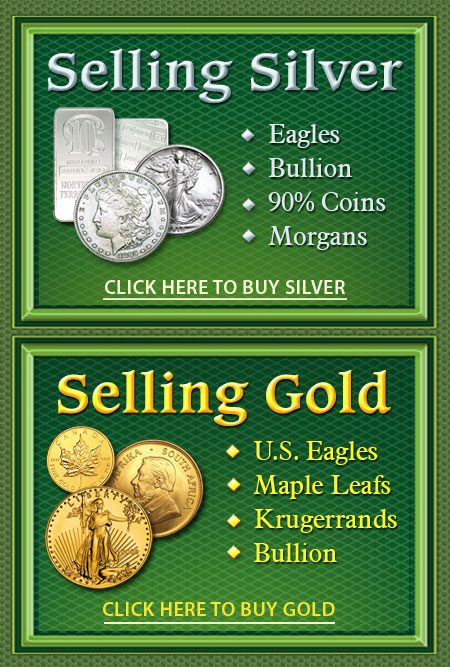 Advertisement for buying silver and selling gold coins like Eagles and Krugerrands.
