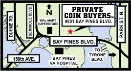 Map showing location of Private Coin Buyer near Bay Pines Blvd and VA Hospital.