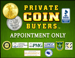 Logo collage of private coin buyers and numismatic associations.