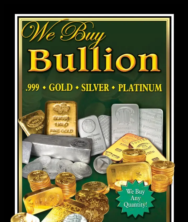 Advertisement for buying gold, silver, and platinum bullion bars and coins.