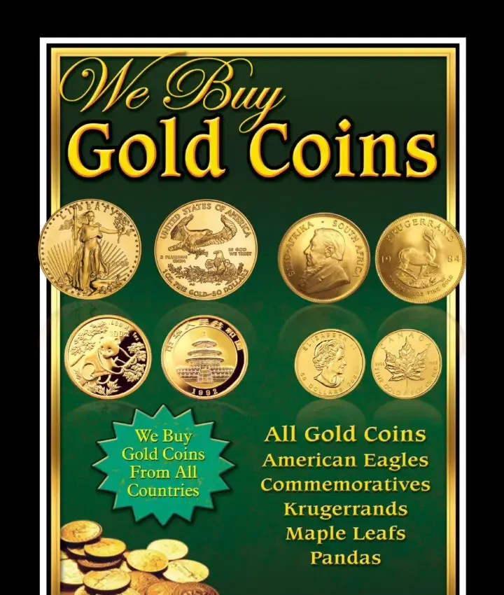 A sign advertising the purchase of various gold coins with images of coins.