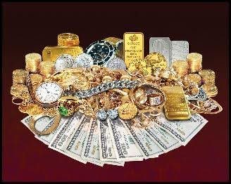 A collection of gold bars, coins, watches, and dollar bills.