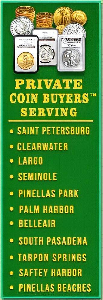 Sign listing cities served by a coin buyers business in Florida.