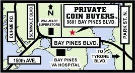 Map showing location of Private Coin Buyer near Bay Pines Blvd and VA Hospital.